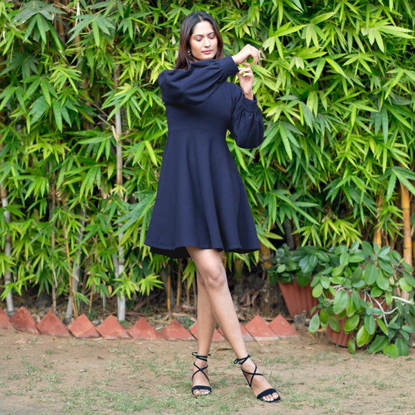 Navy Blue Warm Cotton Waffle Fit and Flare Short Dress