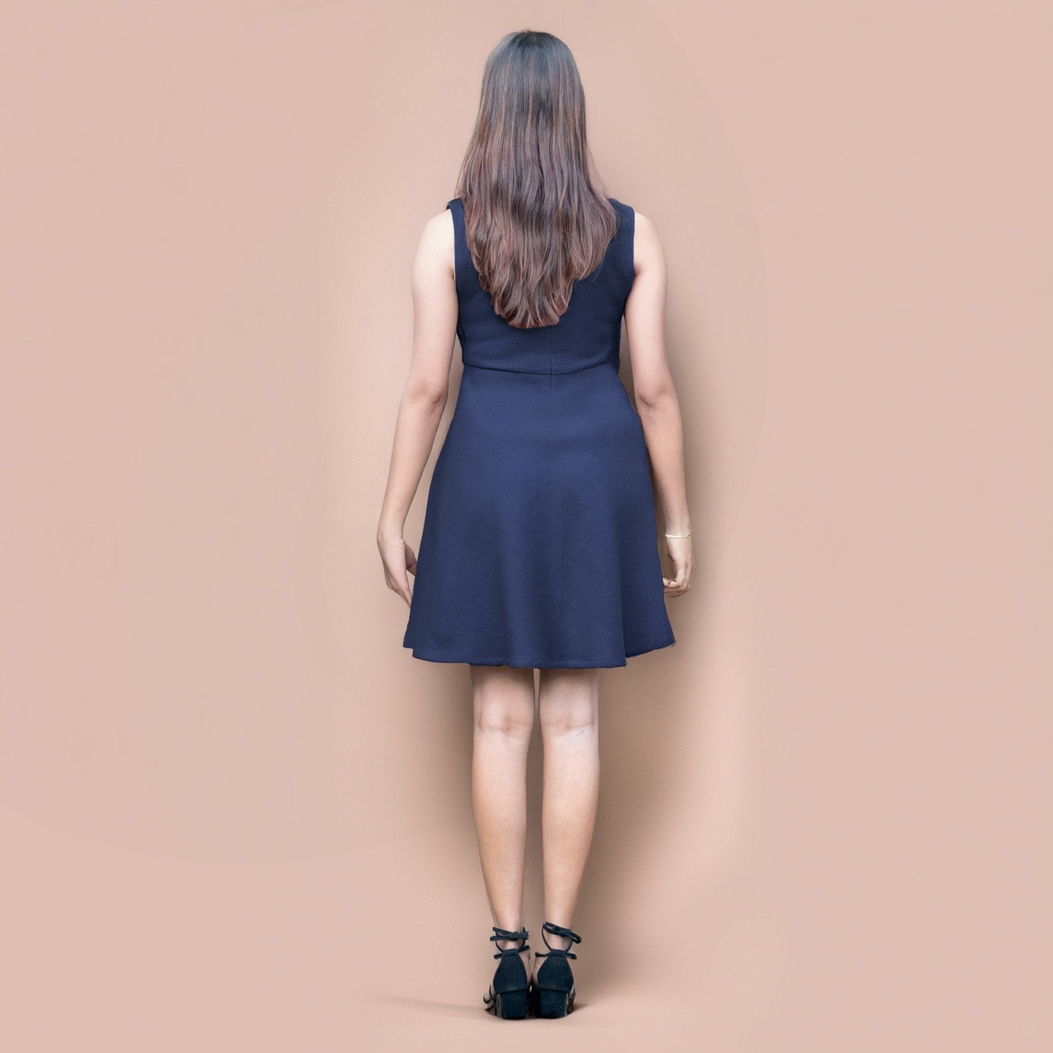 Navy Blue Warm Cotton Waffle Fit and Flare Short Sleeveless Dress