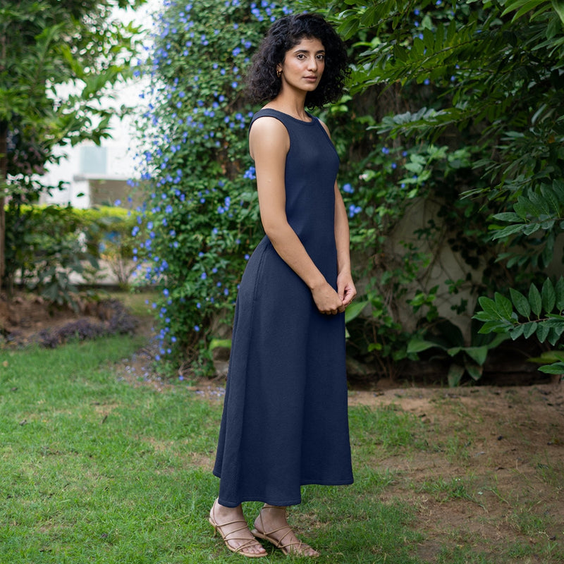 Navy Blue Warm Cotton Waffle Fit and Flare Sleeveless Maxi Dress