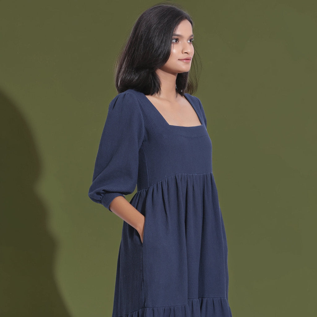Navy Blue Warm Cotton Waffle Maxi Tier Dress