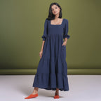 Navy Blue Warm Cotton Waffle Maxi Tier Dress