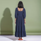 Navy Blue Warm Cotton Waffle Maxi Tier Dress