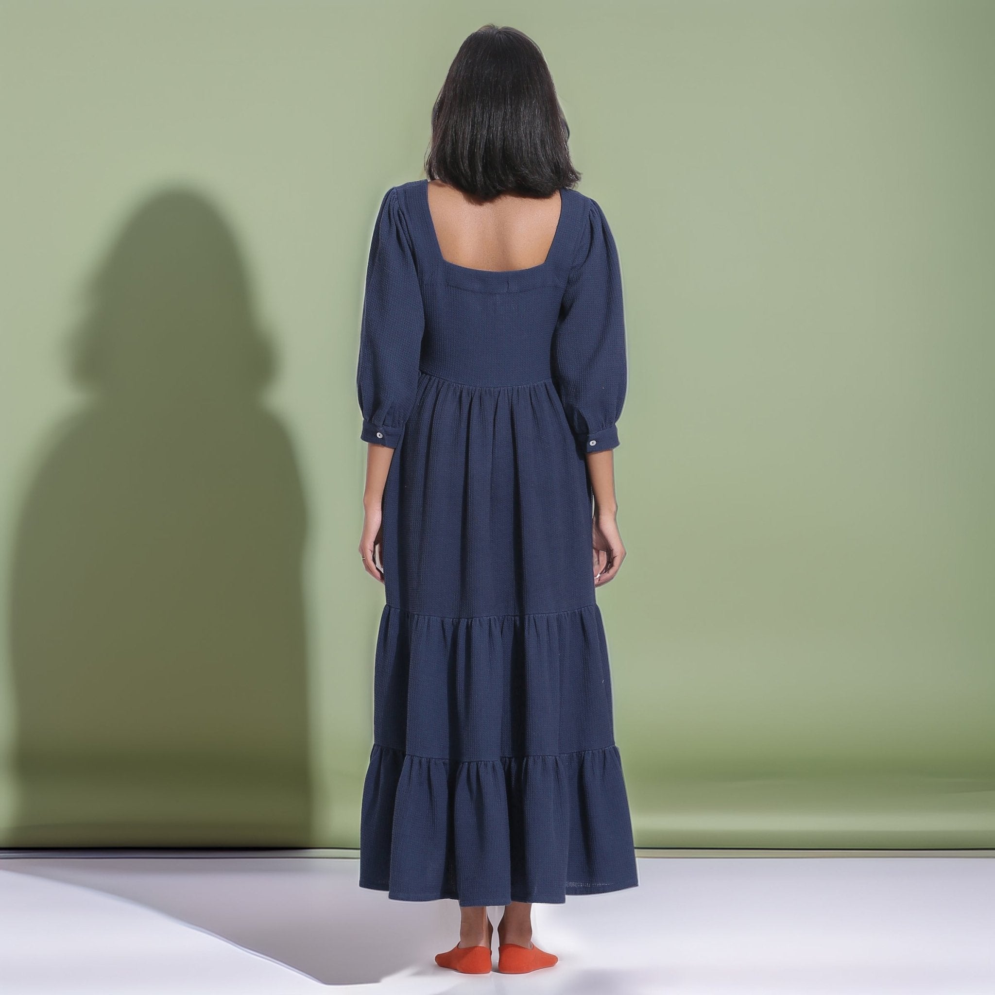 Navy Blue Warm Cotton Waffle Maxi Tier Dress