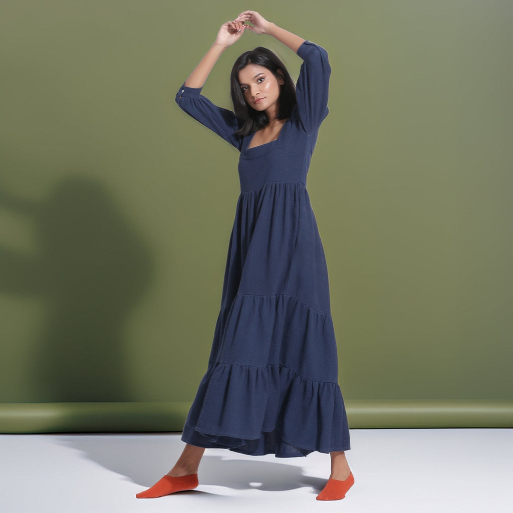 Navy Blue Warm Cotton Waffle Maxi Tier Dress