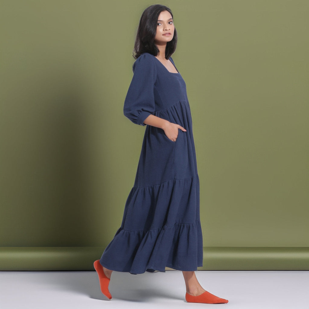 Navy Blue Warm Cotton Waffle Maxi Tier Dress