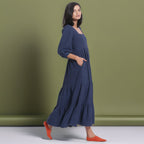 Navy Blue Warm Cotton Waffle Maxi Tier Dress
