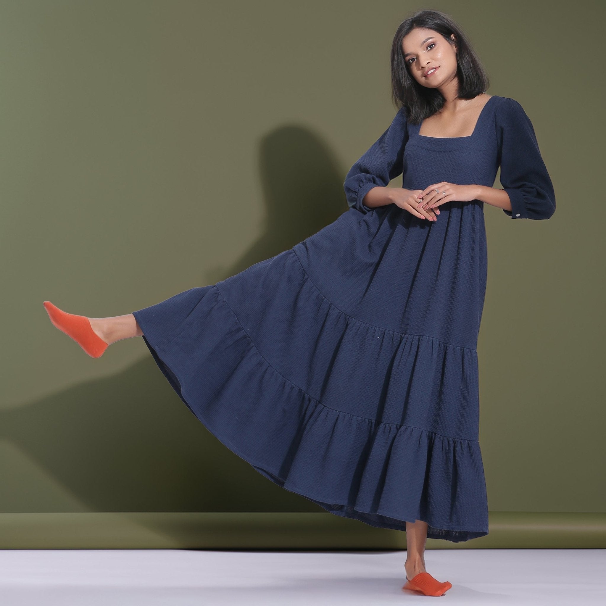 Navy Blue Warm Cotton Waffle Maxi Tier Dress