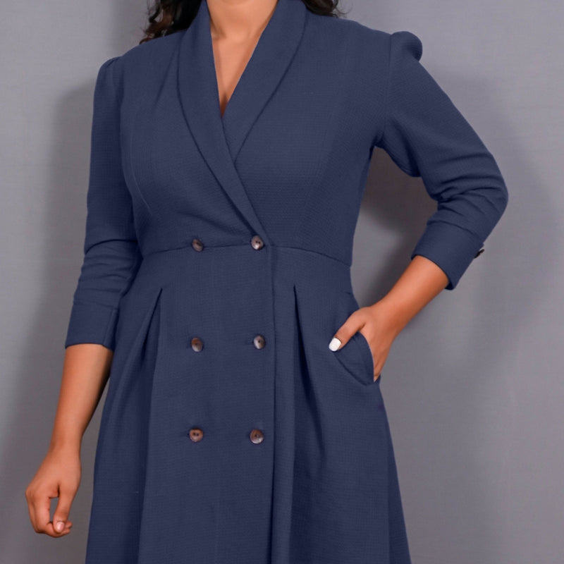 Front Detail of a Model wearing Navy Blue Warm Cotton Waffle Pleated Button-Down Midi Dress