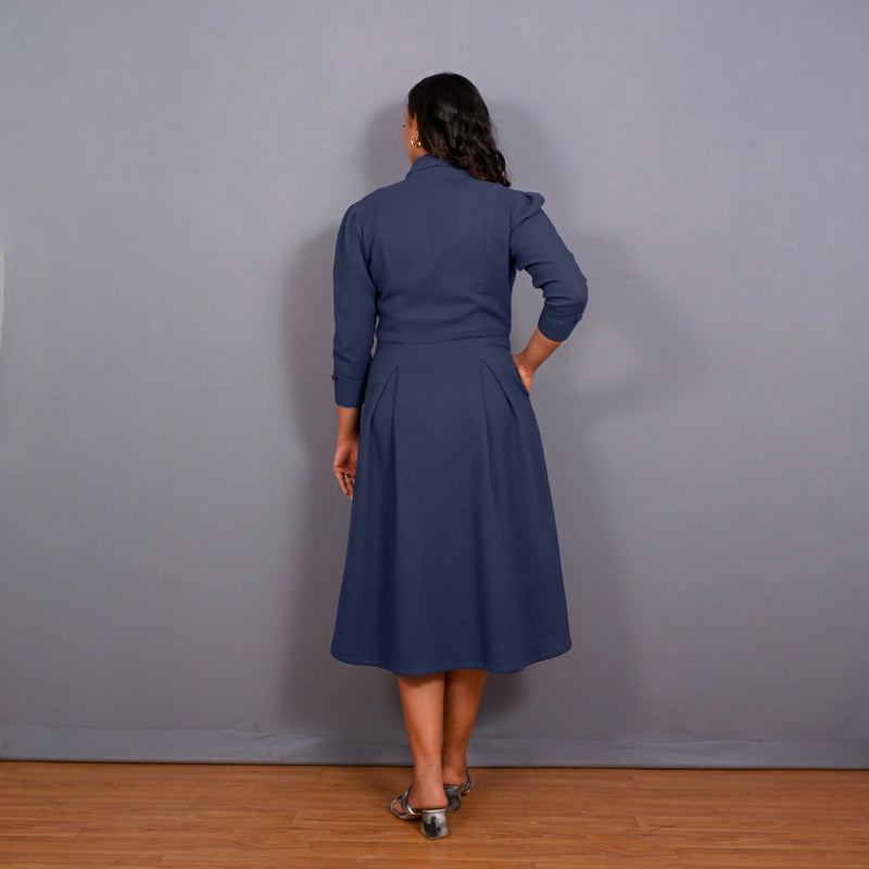 Back View of a Model wearing Navy Blue Warm Cotton Waffle Pleated Button-Down Midi Dress
