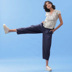 Navy Blue Cotton Flax Elasticated Paneled Pant