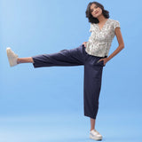 Navy Blue Cotton Flax Elasticated Paneled Pant
