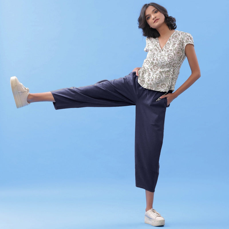 Navy Blue Cotton Flax Elasticated Paneled Pant