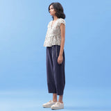 Navy Blue Cotton Flax Elasticated Paneled Pant