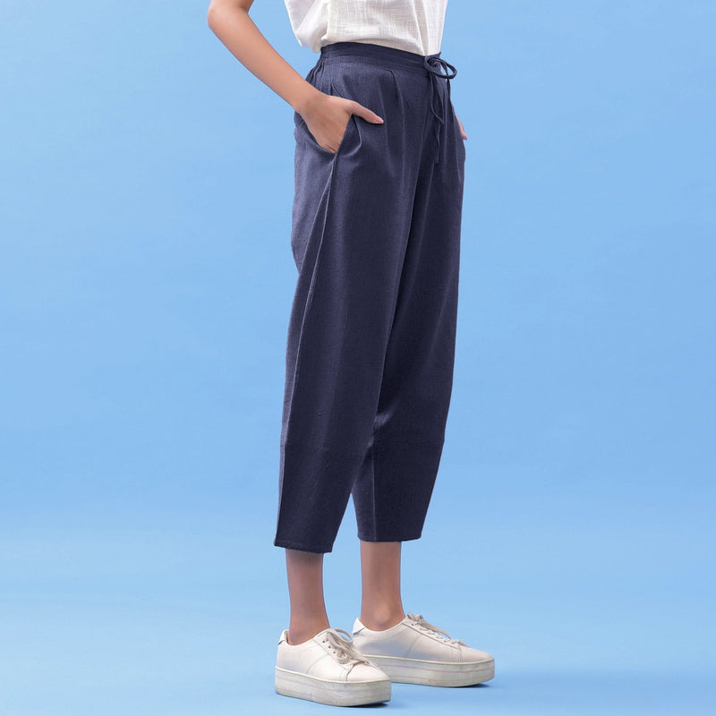 Navy Blue Cotton Flax Elasticated Paneled Pant