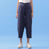 Navy Blue Cotton Flax Elasticated Paneled Pant