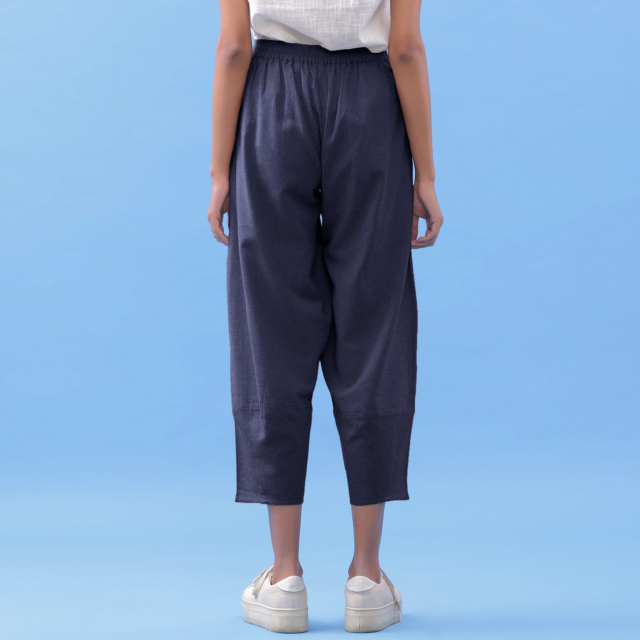 Navy Blue Cotton Flax Elasticated Paneled Pant