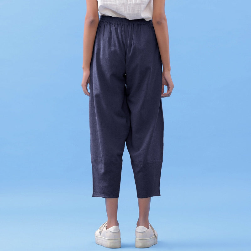 Navy Blue Cotton Flax Elasticated Paneled Pant