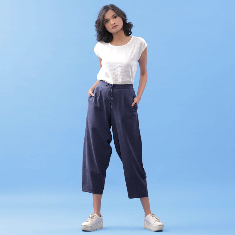 Navy Blue Cotton Flax Elasticated Paneled Pant