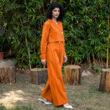 Orange Cotton Poplin High-Rise Elasticated Pleated Wide Legged Pant