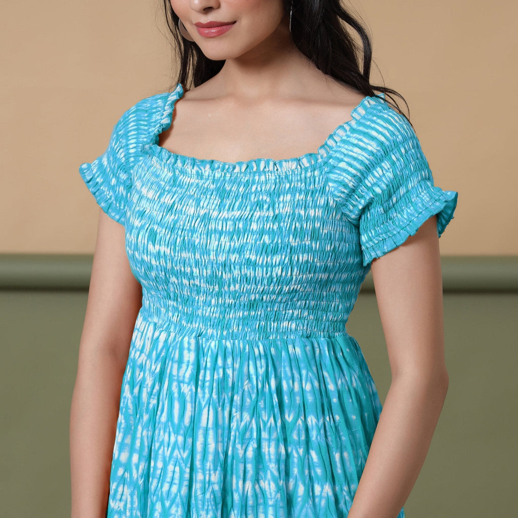 Ocean Blue Shibori Tie-Dye Cotton Gathered Maxi Dress