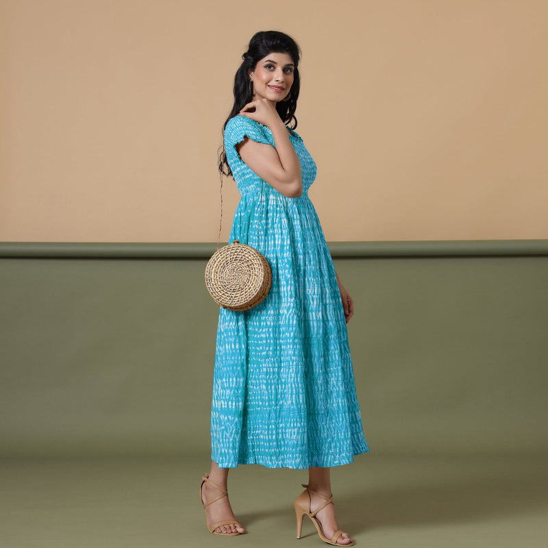 Ocean Blue Shibori Tie-Dye Cotton Gathered Maxi Dress