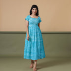 Ocean Blue Shibori Tie-Dye Cotton Gathered Maxi Dress
