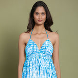Ocean Blue Shibori Tie-Dye Cotton Halter Neck Gathered Midi Dress