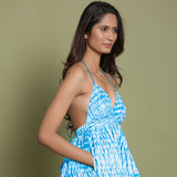 Ocean Blue Shibori Tie-Dye Cotton Halter Neck Gathered Midi Dress