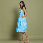 Ocean Blue Shibori Tie-Dye Cotton Halter Neck Gathered Midi Dress