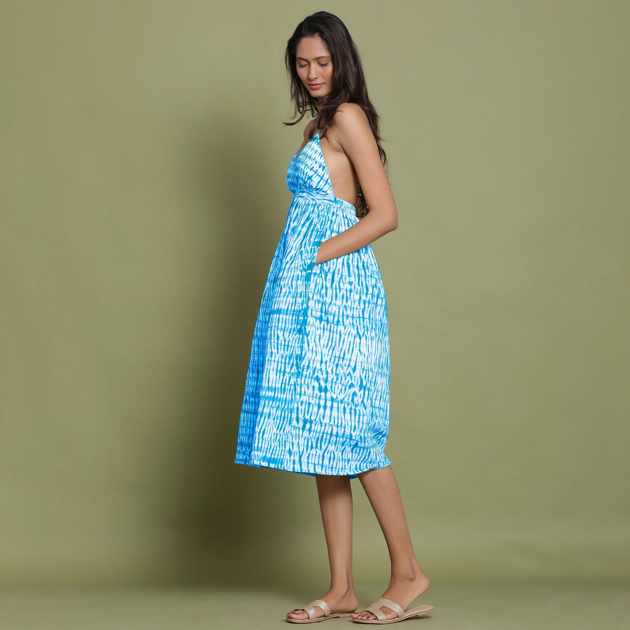 Ocean Blue Shibori Tie-Dye Cotton Halter Neck Gathered Midi Dress