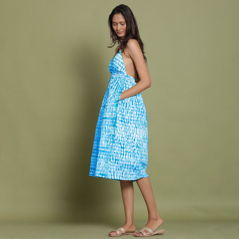 Ocean Blue Shibori Tie-Dye Cotton Halter Neck Gathered Midi Dress