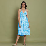 Ocean Blue Shibori Tie-Dye Cotton Halter Neck Gathered Midi Dress