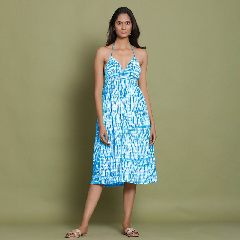 Ocean Blue Shibori Tie-Dye Cotton Halter Neck Gathered Midi Dress
