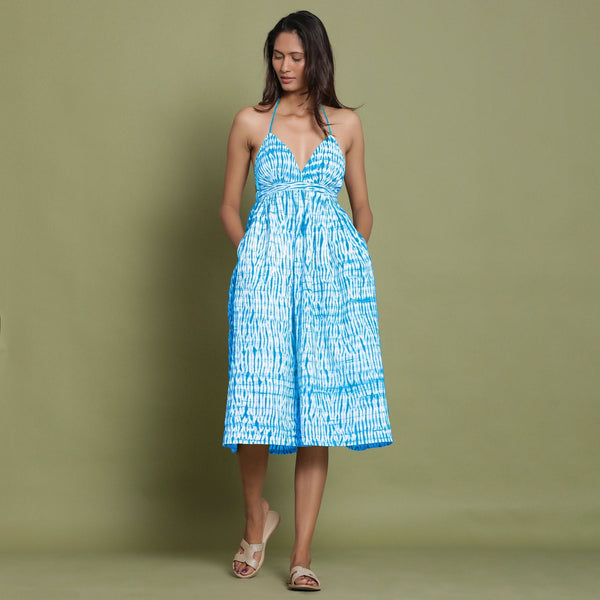 Ocean Blue Shibori Tie-Dye Cotton Halter Neck Gathered Midi Dress