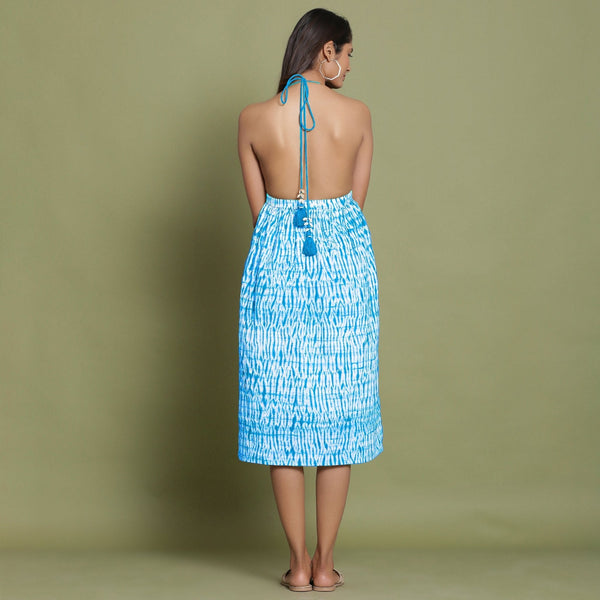 Ocean Blue Shibori Tie-Dye Cotton Halter Neck Gathered Midi Dress