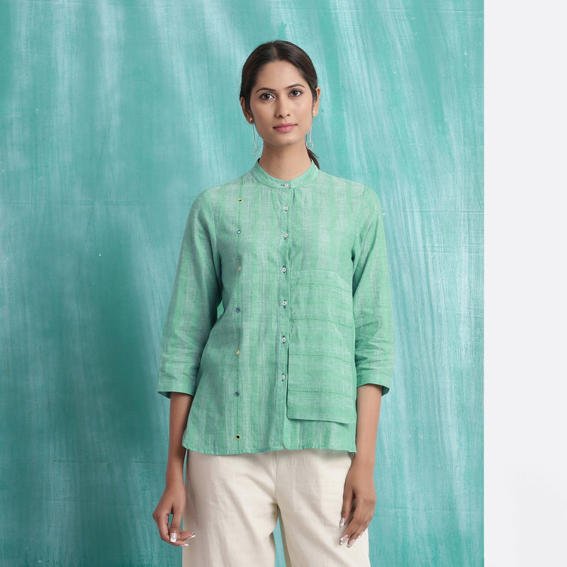 Front View of a Model wearing Ocean Green Handspun Cotton Mandarin Collar Button-Down Top