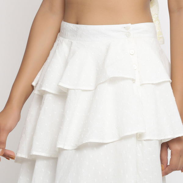 Front Detail of a Model wearing Off-White 100% Cotton Dobby Ruffled Short Skirt