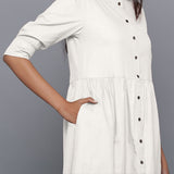 Right Detail of a Model wearing Off-White Cotton Flannel Gathered Dress