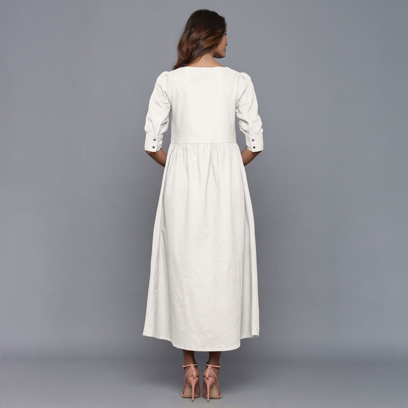 Back View of a Model wearing Off-White Cotton Flannel Gathered Dress