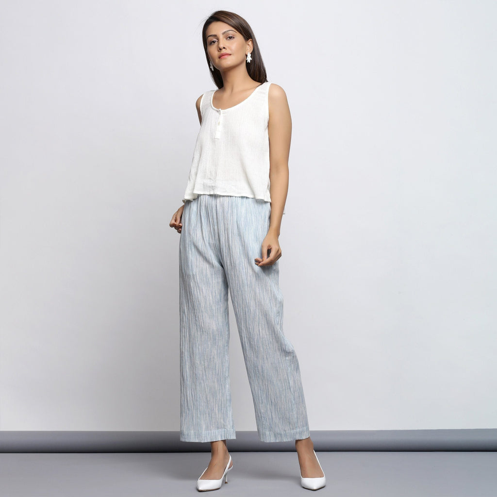 Front View of a Model wearing Off-White Crinkled Cotton Straight Top