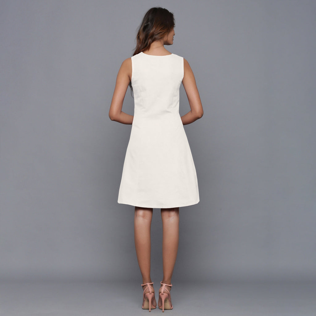 Back View of a Model wearing Off-White Flannel Button-Down Dress