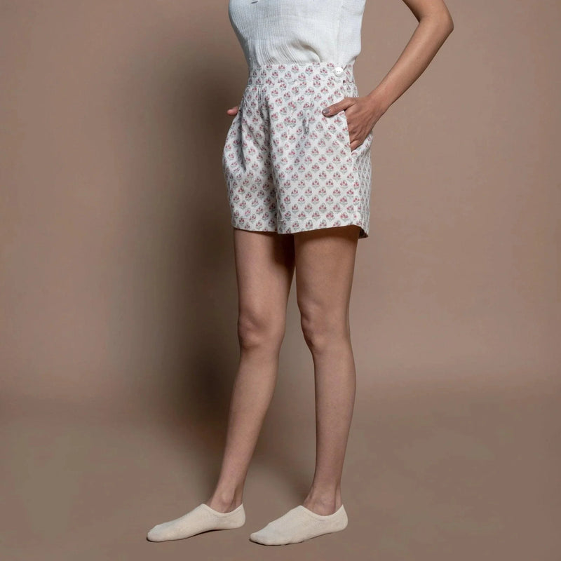 Left View of a Model wearing Off-White Floral Block Printed Cotton Shorts