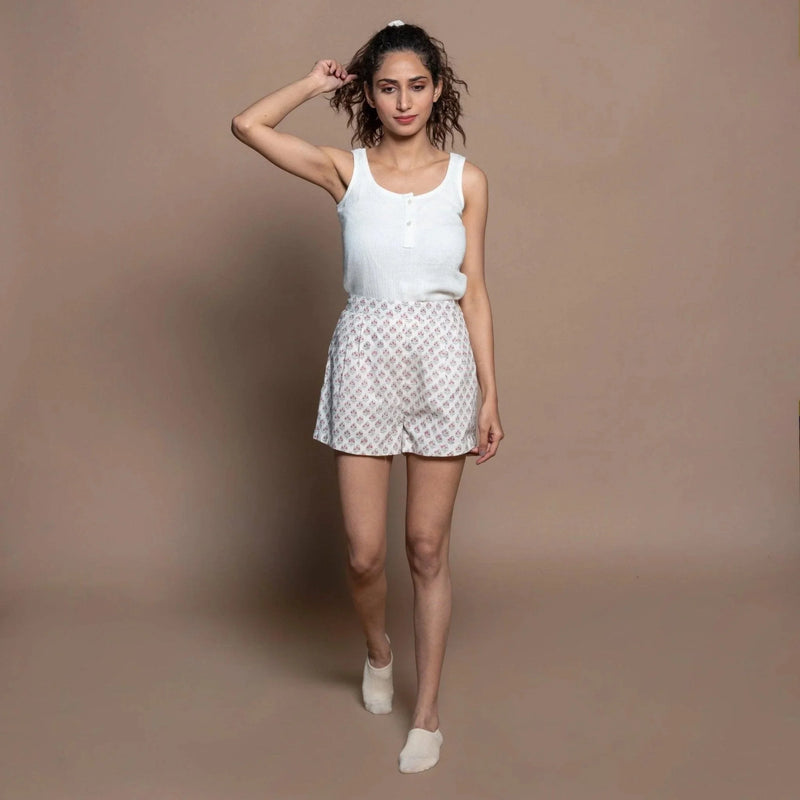 Front View of a Model wearing Off-White Floral Block Printed Cotton Shorts