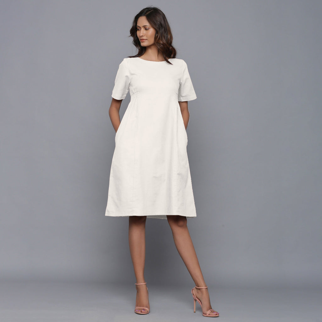 Front View of a Model wearing Off-White Paneled Cotton Flannel Dress