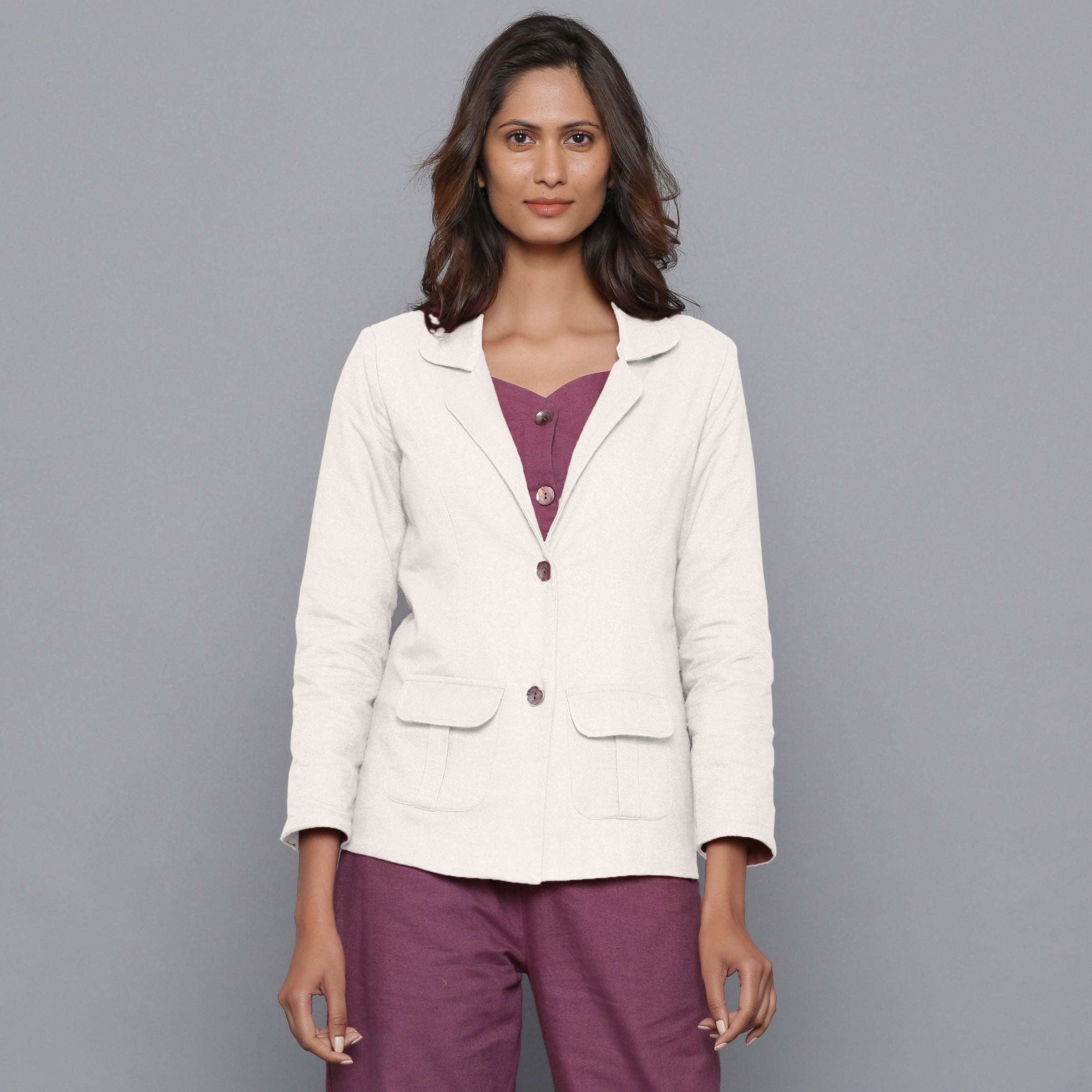 Front View of a Model wearing Off-White Slim Fit Flannel Blazer