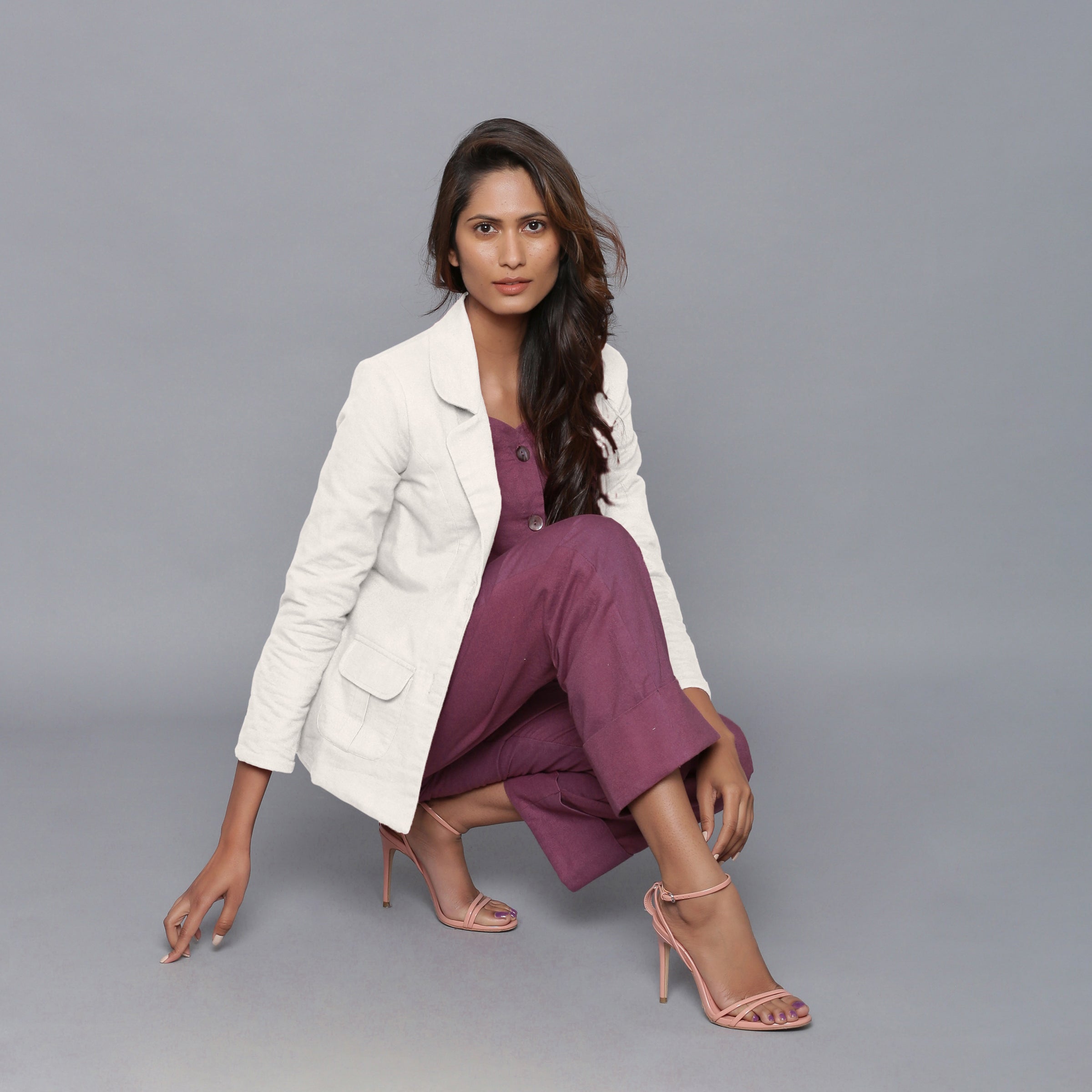 Front View of a Model wearing Off-White Slim Fit Flannel Blazer