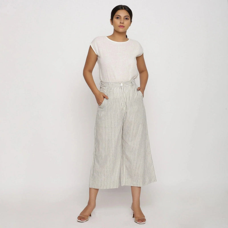 Front View of a Model wearing Striped Handspun Wide Legged Culottes