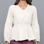 Front Detail of a Model wearing Off-White V-Neck Flannel Peplum Top