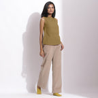Right View of a Model wearing Olive Cotton Waffle Funnel Neck Top