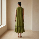 Olive Green 100% Cotton A-Line V-Neck Sleeveless Maxi Tier Dress
